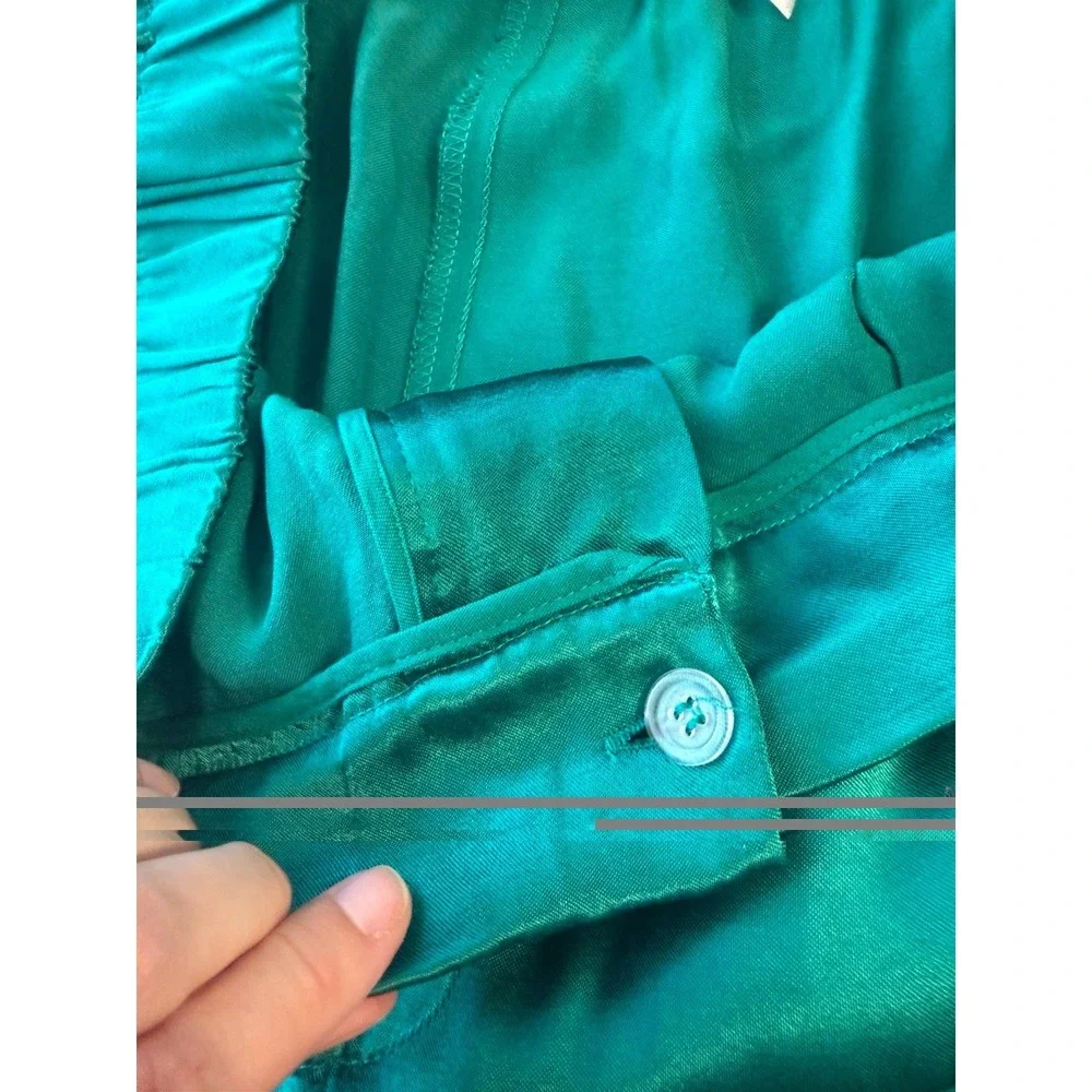💚Free People Satin Palazzo Pants L Emerald Green Wide Leg High Rise Viscose
